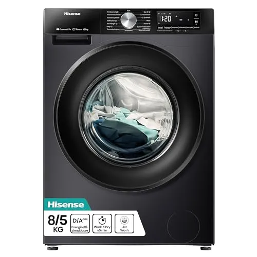 Hisense Waschtrockner WD3S8043BW3, 8 kg, 5 kg, 1400 U/min - Waschtrockner mit Invertermotor, leise und energieeffizient. Ideal für Haushalte bis 3 Personen, mit PowerJet für flexible Startzeiten und Aqua Stop für zusätzlichen Wasserschutz.