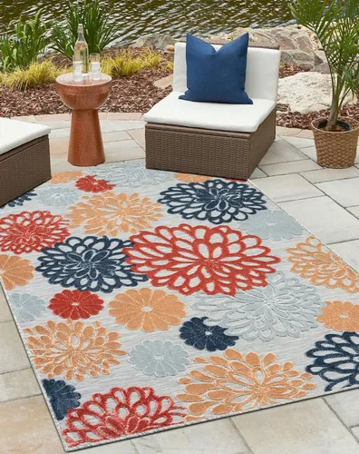 Wohnando Teppich MY-RUG Outdoor-Teppich "Bramble" 150x80 cm, bunt - Flachgewebe-Teppich mit floralem Hoch-Tief-Design, ideal für draußen. Bringen Sie Farbe und Lebensfreude in Ihren Außenbereich!