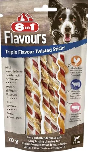 8in1 Triple Flavour Twisted Sticks - leckere Kaustangen mit Hähnchenfilet, Schweine- und Rinderhaut, 10 Stück