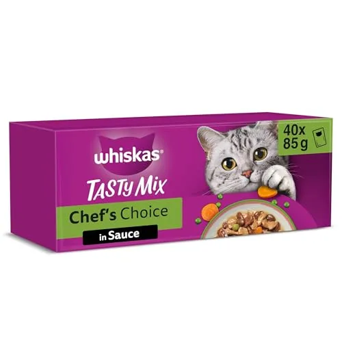 WHISKAS 1+ Katzenfutter nass - 40x85g Portionsbeutel - Beutelfutter für Katzen, hochwertiges Nassfutter in Sauce mit 100% täglichem Nährstoffbedarf und nachhaltigem Fisch aus verantwortungsvoller Produktion.