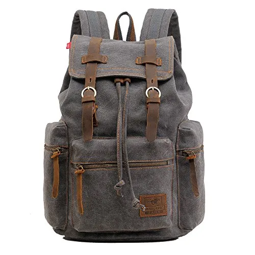 AUGUR Retro Segeltuch Rucksack Grau – Vintage Lederrucksack für Laptop & Freizeit - Stylischer Rucksack aus 95% Leinwand mit verstellbaren Schultergurten. Geräumig für Laptops bis 17 Zoll und ideal für Schule, Reisen oder Freizeitaktivitäten. Mit mehreren Taschen für optimale Organisation.