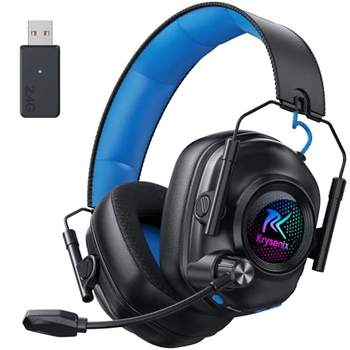 Krysenix KGH2 Gaming Headset Wireless für PS4, PS5, PC, Mac, Switch, 2.4GHz Gaming Headset mit Mikrofon, Faltbares Noise Cancelling Kabelloses Headset mit LED-Lichtern, 40H Akkulaufzeit, Schwarz Blau