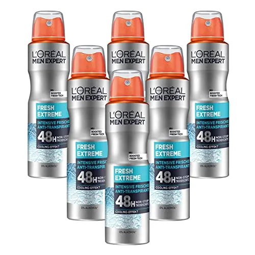 L'Oréal Men Expert Deo Fresh Extreme, 6 x 150 ml - Effektives Deospray für Männer mit Cooling-Effekt und 48 Stunden Frische. Ideal gegen Körpergeruch und für ein trockenes Hautgefühl. Praktischer Sprühkopf für einfache Anwendung.