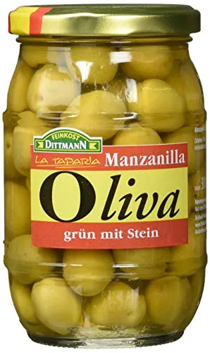 Feinkost Dittmann Oliva Manzanilla Oliven, Grüne Olivenfrüchte mit Stein - 300g Glas, 1er Pack - Spanische Manzanilla-Oliven - Ideal als Tapas oder als Verfeinerung in mediterranen Gerichten