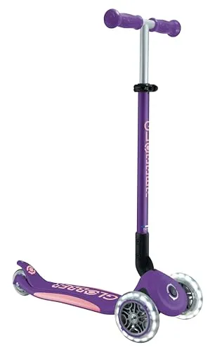 GLOBBER PRIMO FOLDABLE PLUS LIGHTS - lila-pastellrosa mit Leuchtrollen - Roller für Kinder von 3 - 9 Jahren, faltbar und mit Leuchtrollen für mehr Sicherheit und Spaß beim Fahren.