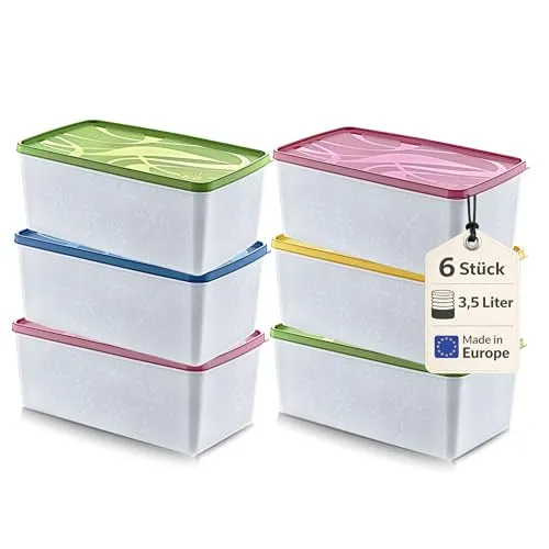 Annastore 6 x hochwertige Tiefkühldosen -20°C bis +100°C - Vorratsdosen-Set mit 6 x 3500 ml, luftdicht und BPA-frei, perfekt zum Einfrieren und Frischhalten von Lebensmitteln.