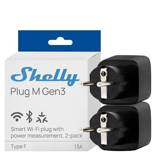 Shelly Plug M Gen3 Schwarz - WLAN & Matter Smarte Steckdose, Leistungsmessung, 13A, 3000W, Zeitschaltuhr, Stecker, Smart Home Stecker, Alexa & Google, Apple HomeKit, Kein Hub Erforderlich (2 Stück)