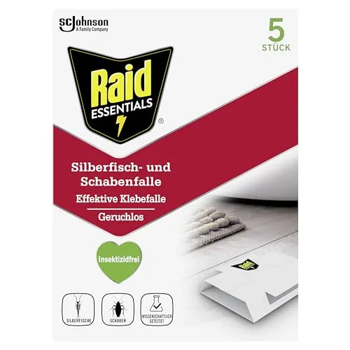 Raid Essentials Silberfisch- und Schabenfalle, geruchlos und effektiver Schutz - Universalabwehr für drinnen ohne Insektizide: Effektive Klebefalle für Silberfische und Schaben, geruchlos und sicher in der Anwendung. Lieferumfang: 5 Stück.