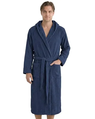 LAYNENBURG Bademantel Herren Frottee - Weicher Kapuzenmantel aus 100% Baumwolle (XXXL blau) - Hochwertiger Herren-Bademantel aus 100% Baumwolle, wadenlang mit Kapuze und Bindegürtel. Saugstark und atmungsaktiv für optimalen Komfort zu Hause oder in der Sauna. Pflegeleicht und formstabil auch nach häufigem Waschen.