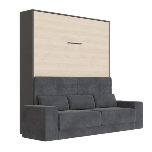 SMARTBett Schrankbett M1 140x200 Vertikal Antraciet/Kaiser Eiche - Schrankbett & Sofa in einem, ideal für platzsparendes Wohnen. Hohe Belastbarkeit bis 400 kg, inklusive komfortabler Armlehnen und eleganter Eiche-Oberfläche.