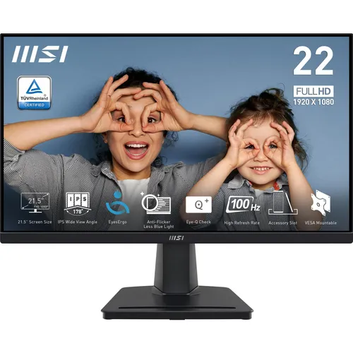 MSI PRO MP225 21,5" Monitor - Full HD IPS 100Hz 1ms MPRT - Monitore mit 21,5 Zoll Full HD IPS-Display, 100 Hz Bildwiederholrate für ruckelfreies Gaming und 1 ms Reaktionszeit für flüssige Bewegungen.