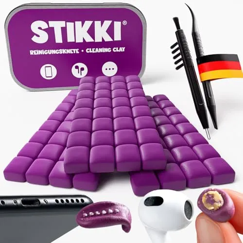 STIKKI Reinigungsknete für Handy & Kopfhörer – Profi Reinigungsset inkl. Bürsten & Ladebuchsen Tool für USB-C & Lightning (z.B. iPhone) | Reinigt schwer erreichbare Stellen | Ideal für Airpods & mehr