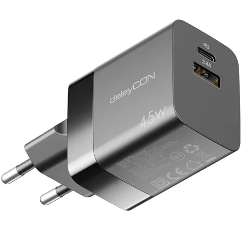 deleyCON Ladegerät USB A und C (2 Port - Kompaktes 45W Schnellladegerät) Netzteil für iPhone 16/15/14/13 Galaxy S25/S24/S23 Pixel Handy iPad Tablet MacBook Laptop Notebook USB Charger - Schwarz
