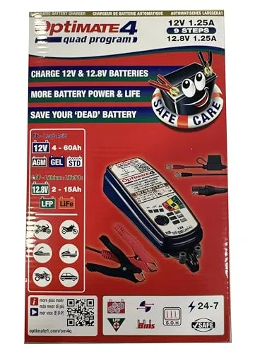 Tecmate OptiMate 4 Quad Program - 12V 1.25A Ladegerät, vollautomatisch mit intelligentem Desulfatierungsprogramm und Rettungsfunktion für Blei- und Lithiumbatterien