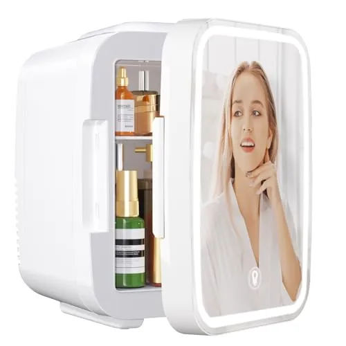 YASHE Mini-Kühlschrank für Skincare mit LED-Spiegel – 4 l, tragbar, thermoelektrisch - Kompakter Mini-Kühlschrank mit 4 l Fassungsvermögen, ideal zur Aufbewahrung von Hautpflegeprodukten. Mit LED-Spiegel und einstellbarer Helligkeit für perfektes Make-up. Kühlen und wärmen – perfekt für Zuhause und unterwegs.