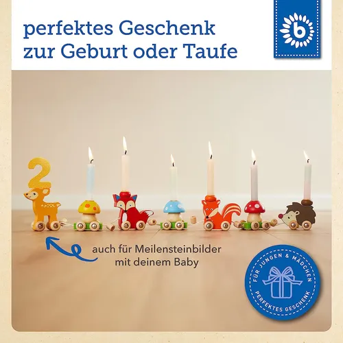 Bieco Holz Geburtstagszug Waldtiere mit Zahlen 0-9 Jahre - Partydekoration für Kindergeburtstage, 17-tlg. Set mit liebevollen Waldtieren und Zahlen, ideal für den 1. Geburtstag und zur Förderung der Motorik.