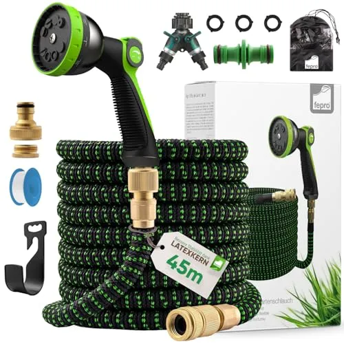 Fepro® Flexibler Gartenschlauch 45m - 10 Funktionen - Gartenschläuche mit 10 einstellbaren Wasserstrahlmodi für optimale Bewässerung. Hochwertiger 3-Fach-Latexkern und langlebige Materialien garantieren Flexibilität und Langlebigkeit.