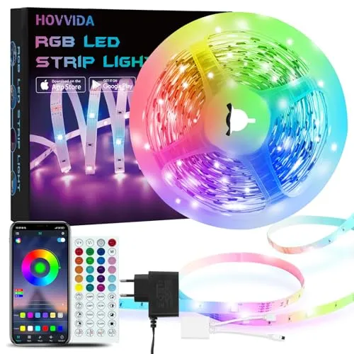 HOVVIDA LED Strip 5M RGB mit APP & Fernbedienung - 150 LEDs auf 5 Metern, vielseitig für Dekoration und Funktionalität. Steuern Sie Farben und Modi über die App oder Fernbedienung. Ideal für Partys und eine angenehme Atmosphäre.