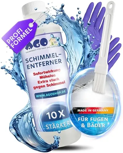 AGO 500ml Schimmelentferner mit Pinsel & Handschuhen - Spezialputzmittel zur sofortigen Bekämpfung von Schimmel, Algen und Bakterien – hochkonzentriert und bis zu 10x effektiver als herkömmliche Reiniger.