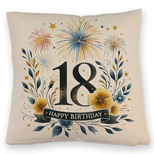 speecheese 18. Geburtstag Kissen mit Leinenoptik mit Spruch Happy Birthday 18 Feuerwerk Hintergrund fröhliche Glückwünsche zur achtzehn für die Feier - Geburtstagsgruß