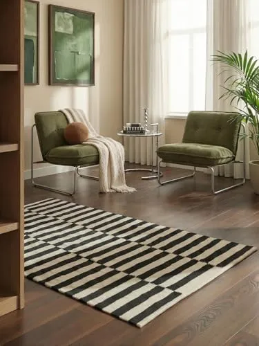 HANSE Home Wollteppich Donna - Rechteckiger Wollteppich in Schwarz-Weiß, handgewebt und strapazierfähig, ideal für Wohnzimmer und Schlafzimmer. Mit einer Höhe von nur 5 mm perfekt für Fußbodenheizungen.