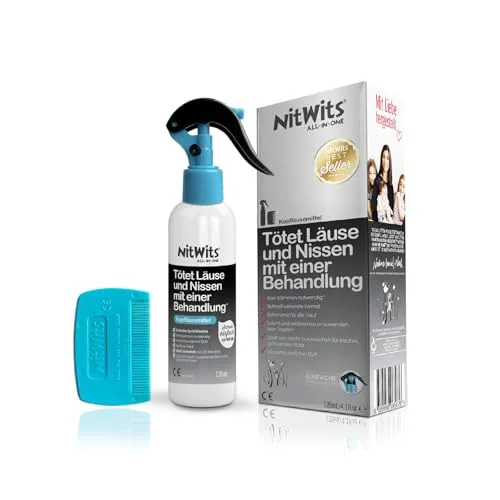 NitWits All-In-One Läusespray – Effektives Läusemittel für Kinder – 120 ml Spray - EINFACHE ANWENDUNG: Dieses Set enthält ein 120 ml Spray und einen feinen Kamm zur Entfernung abgestorbener Läuse. Die silikonbasierte Formel wirkt in nur 20 Minuten und ist sanft zur Haut, ideal für Eltern, die schnelle Lösungen suchen.