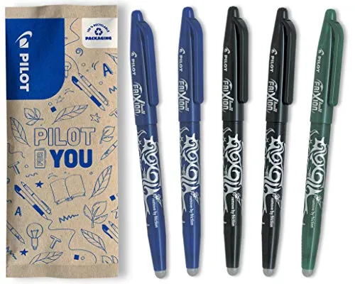 PILOT FriXion Ball 0.7 Set – 5 Stück – 2x Blau/Schwarz, 1x Grün – Radierbare Tintenroller 0,4mm Strichstärke, angenehme Schreibführung zum Schreibenlernen, thermosensitive Tinte, austauschbare Mine