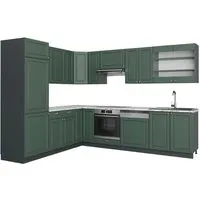 Vicco Winkelküche Fame-Line, Grün-Gold Landhaus/Anthrazit - Küchenzeile mit L-Design, hochwertiger MDF-Verarbeitung und Soft-Close-Scharniere für leises Schließen. Viel Stauraum und individuelle Gestaltungsmöglichkeiten machen Kochen zum Vergnügen!