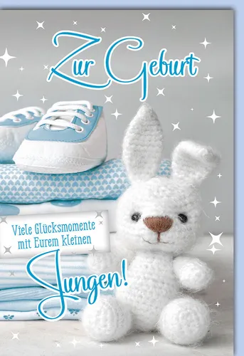 Geburt - Baby - Glückwunschkarte im Format 11,5 x 17 cm - Hase gestrickt, Junge