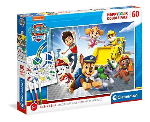 Clementoni 26097 Happy Color Double Face Paw Patrol – Puzzle 60 Teile ab 5 Jahren, doppelseitiges Kinderpuzzle mit Bild zum Ausmalen, inkl. 3 Filzstiften, Denkspiel für Kinder