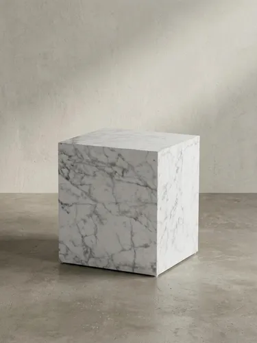 Eleganter Couchtisch MONOBLOC 40x40 cm in Weiß Hochglanz mit Marmor Optik - Stylischer Couchtisch in quadratischer Form, ideal für Wohnzimmer. Die edle Marmoroptik verleiht jedem Raum ein luxuriöses Flair und bietet Platz für Fernbedienung und Zeitschriften.