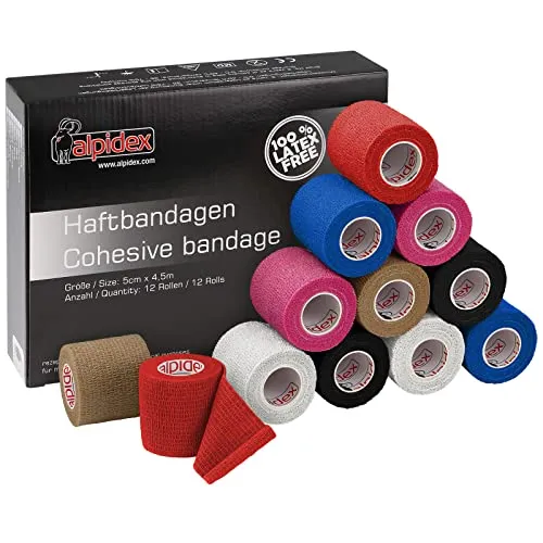 ALPIDEX 12 Rollen Haftbandage 5 cm x 4.5 m Selbstklebender Verband Pet Bandagen Fixierband Sport Vet Wrap Tape Selbsthaftend, Farbe:bunt