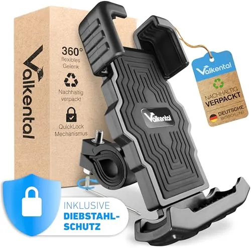 Valkental PhoneFix Handy-Halterung - Halterungen für Fahrrad, E-Bike und Motorrad, 360 Grad flexibles Gelenk für optimale Sicht und einfacher Montage mit Diebstahlschutz.