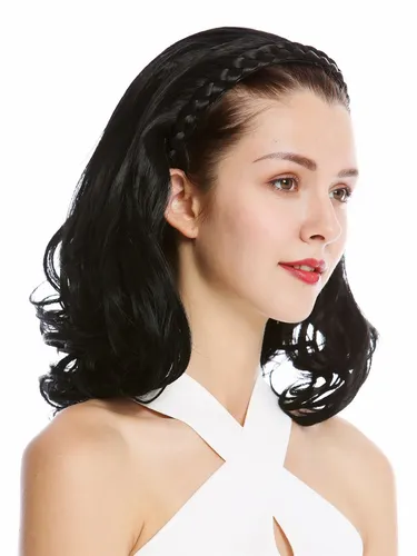 Halbperücke Haarteil edel geflochtener Haarreif schulterlang 45cm Locken Schwarz