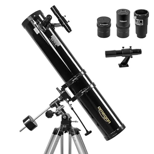 Omegon Teleskop N 114/900 EQ-1 – Einsteiger Spiegelteleskop mit präziser Nachführung - Teleskop für Einsteiger und Familien mit 114mm Öffnung, ideal für die Beobachtung von Mond und Planeten. Mit stabiler EQ-1 Montierung und umfassendem Zubehör für faszinierende Himmelsbeobachtungen.