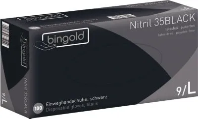 Einmalhandschuhe Nitril 35BLACK - schwarze Nitrilhandschuhe, Größe L, 100-er Pack, reißfest und ideal für Tattoo-Studios und Gastronomie