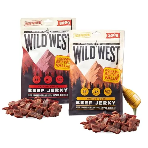 Wild West Beef Jerky Trockenfleisch Bundle 600g – Honey BBQ & Original - Genieße 600g köstliches Beef Jerky in zwei Geschmacksrichtungen. Ideal für Outdoor-Aktivitäten, als proteinreicher Snack für Sportler oder als gesunde Alternative für den Alltag. Perfekt für unterwegs und lange Haltbarkeit!