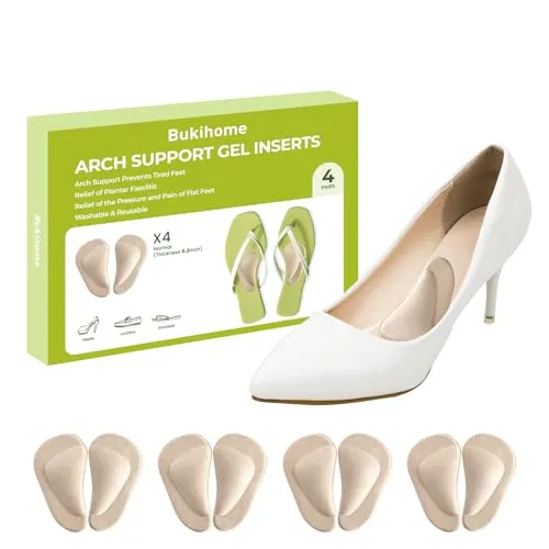 Arch Support Shoe Insoles & Insert - Bukihome Gel Arch Inserts für Plattfüße, Plantar Fasciitis - Adhesive Arch Pad für Fußschmerzen Relief - 0,47 Zoll - 4 Paare (Beige)