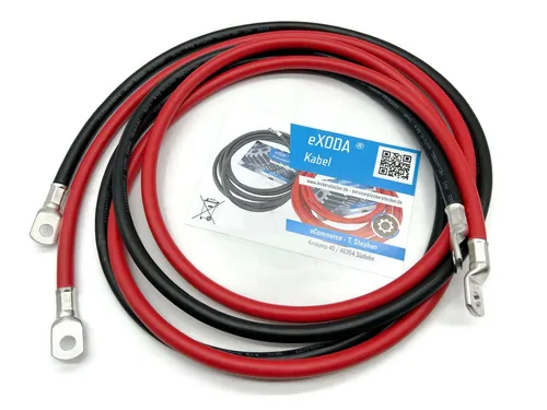 eXODA 35 mm² M8 Batteriekabel Set, Rot/Schwarz, 200 cm - Hochwertiges 35 mm² Batteriekabel Set mit 99,9 % Kupfer, ideal für Solar- und Autobatterien. Flexibel und hitzebeständig bis 70°C, perfekt für Auto, Boot oder Motorrad.
