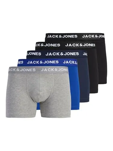 Jack & Jones 5er-Set Boxershorts in Schwarz, Blau und Grau - Hochwertige Herren Boxershorts im praktischen 5er-Set, aus 95% Baumwolle für optimalen Tragekomfort und elastischem Bund für perfekte Passform.