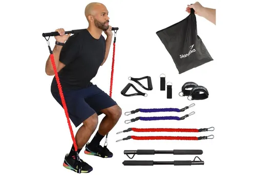 Skandika Multi-Widerstandsbänder mit Stange - Widerstandsbänder für Ganzkörpertraining, 3 Widerstandsstufen, inklusive Online Trainingsguide und umfangreichem Zubehör für flexibles Fitnesstraining überall.