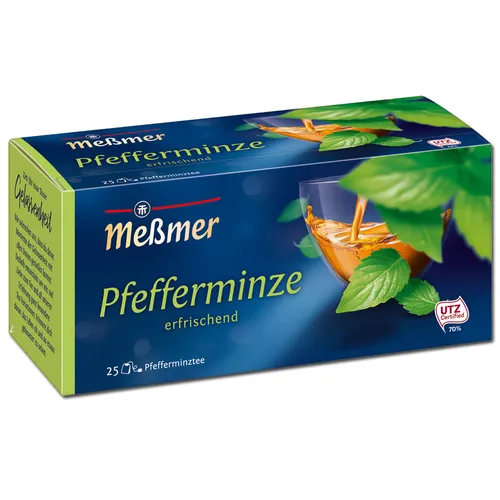 Meßmer Pfefferminze I 25 Teebeutel - Erfrischender Genuss - Tees | Veganer Pfefferminztee mit hohem Mentholgehalt für ein kühles Geschmackserlebnis; nachhaltig produziert und in 100% Recyclingmaterial verpackt.
