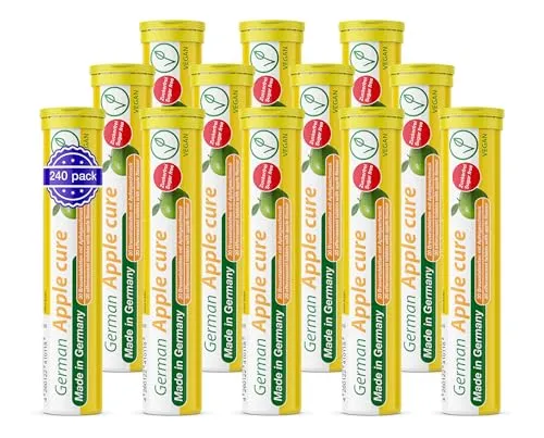 Apfelessigextrakt Brausetabletten - 12x20 Stk. mit Apfelgeschmack - Multivitaminpräparate & Mineralien - Enthält 256,5 mg Apfelessig und 2 mg Vitamin B6, vegan und zuckerfrei, ideal für eine gesunde Ernährung!