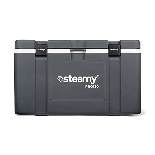 Steamy Pro 120 Cooler Grey - Hält Eis bis zu 6 Tage dank 50 mm dicker Isolierung und Gummidichtring. Ideal für Ausflüge und Picknicks, mit zwei Befestigungspunkten für sicheren Transport.