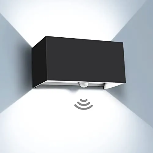Kingwen 20W LED Aussenlampe mit Bewegungsmelder Kaltweiß Wandleuchte innen/aussen 6000K LED Wandleuchte Innen Schwarz Rechteckig Verstellbar Abstrahlwinkel Wandlampe Aussen IP65