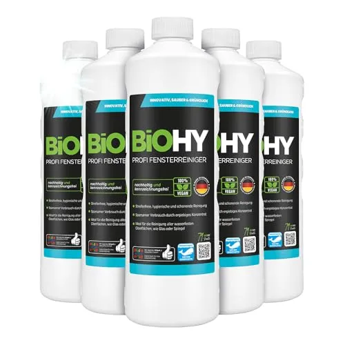 BiOHY Glas- und Oberflächenreiniger (6 x 1 Liter) | Streifenfreier Glanz für Fenster & Küche - Reinigungsmittel: BiOHY Glasreiniger Konzentrat, ideal für Fenster und Küche, sorgt für streifenfreien Glanz und ist gleichzeitig ein effektiver Fett- und Kalklöser.