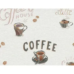 Vliestapete Kaffee Beige - 1,005.00 x 53.00 cm - Lampen: Kontrastreiche Vliestapete mit Café-Motiven, die eine einladende Kaffeehausatmosphäre in Ihrer Küche schafft. Hoch waschbeständig und restlos abziehbar für eine einfache Anwendung.
