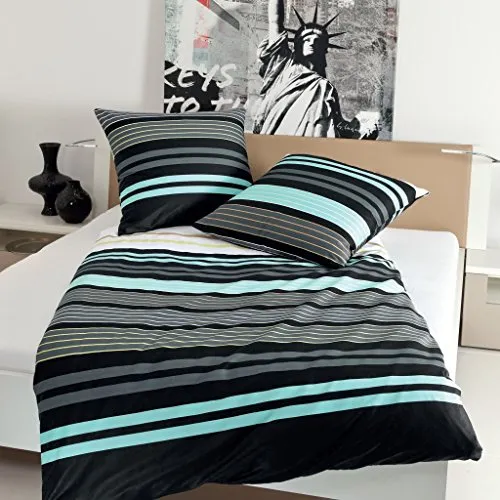Janine Bettwäsche J.D. 8464 02 Aqua Graphit, 2-teilig - Bettwäsche-Set aus hochwertigem Mako-Satin, mit modernem Streifen-Design in Aqua und Graphit. 100% Baumwolle für einen erholsamen Schlaf.