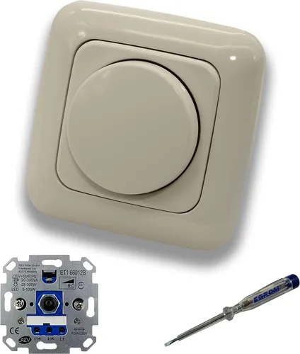 REV Ritter LED Drehdimmer mit Busch Jäger Dimmerscheibe 2115-212 in DURO2000 cremeweiß - Vielseitiger Unterputz-Dimmer für verschiedene Leuchtmittel, ideal für dimmbare LEDs und Glühlampen. Mit einfachem Dreheinstellungsmechanismus für präzise Helligkeitsanpassung.