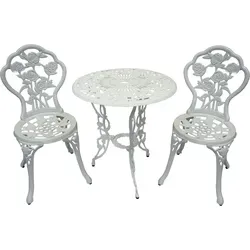 abc HOME Gartenmöbel-Set Jugendstil aus Aluminiumguss - Weiß - Elegantes Gartenmöbel-Set im Jugendstil mit fließenden Linien. Leicht zu montieren und ideal für entspannte Stunden im Freien. Tisch und Stühle aus robustem Aluminiumguss.